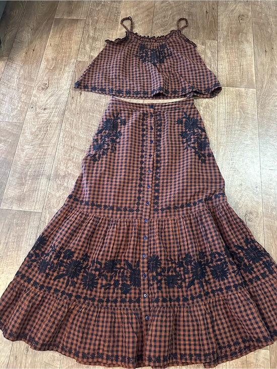 NATURAL LIFE Dresses & Skirts - NATURAL LIFE Rust and Black Gingham Embroidered Two-Piece Skirt Set